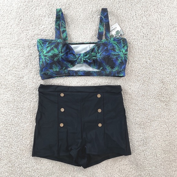 B2Prity Other - B2PRITY Womens Tropical Print Bikini Set High Waisted Boy Shorts Black LG NWT
